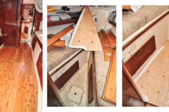 Bamboo flooring made for homes might not have a traditional “yachty” appearance but it looks great just the same, on facing page. The pattern for the sole in the V-berth cabin was the only piece small enough for Bill to conveniently make at home, at left. After a trial fit, at right, he was ready to cut the bamboo boards.
