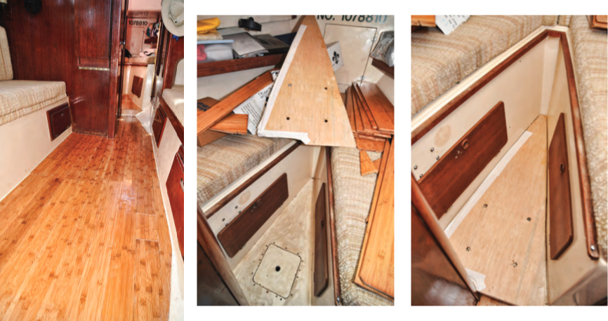 Bamboo flooring made for homes might not have a traditional “yachty” appearance but it looks great just the same, on facing page. The pattern for the sole in the V-berth cabin was the only piece small enough for Bill to conveniently make at home, at left. After a trial fit, at right, he was ready to cut the bamboo boards.