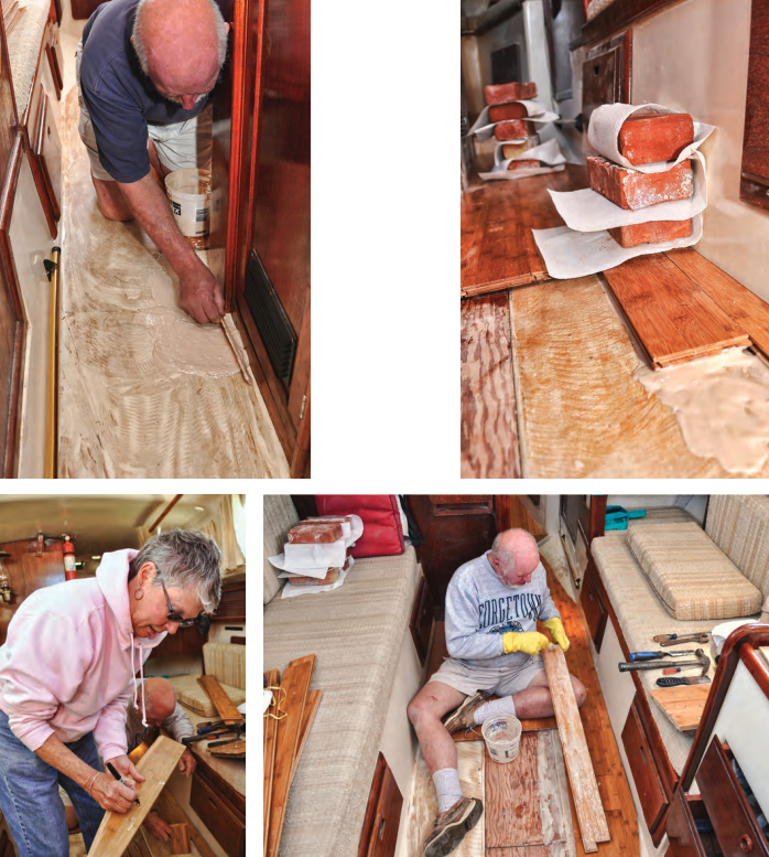 Working in tight quarters, Bill prepares to lay the sole next to the head compartment, at left. Bricks weigh down the boards while the epoxy sets, at right. Genie marks the boards after Bill has cut them to fit, below left. Bill applies epoxy to a board prior to setting it in place, below right.