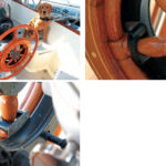 Glyn figured out a way to attach the Autohelm ST4000+ to his treasured Yacht Specialties teak steering wheel without having to drill holes in it, top left. (Harry, a guide dog puppy in training — Glyn’s fifth — seems to be looking on approvingly.) The autopilot’s original clamps fit snugly around the teak spokes without damaging them, top right. Glyn’s trick was to use bronze plates to shift the attachment points for the clamps, at left.