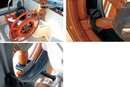 Glyn figured out a way to attach the Autohelm ST4000+ to his treasured Yacht Specialties teak steering wheel without having to drill holes in it, top left. (Harry, a guide dog puppy in training — Glyn’s fifth — seems to be looking on approvingly.) The autopilot’s original clamps fit snugly around the teak spokes without damaging them, top right. Glyn’s trick was to use bronze plates to shift the attachment points for the clamps, at left.