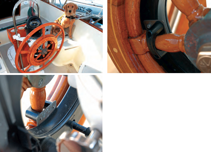 Glyn figured out a way to attach the Autohelm ST4000+ to his treasured Yacht Specialties teak steering wheel without having to drill holes in it, top left. (Harry, a guide dog puppy in training — Glyn’s fifth — seems to be looking on approvingly.) The autopilot’s original clamps fit snugly around the teak spokes without damaging them, top right. Glyn’s trick was to use bronze plates to shift the attachment points for the clamps, at left.