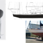 William H. Tripp Jr., on facing page, put his indelible stamp on yacht design with boats like the Bermuda 40, which carries his hallmark spoon bow and sweeping sheer, at top, and vertical barn-door rudder, at right.