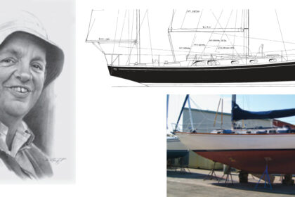 William H. Tripp Jr., on facing page, put his indelible stamp on yacht design with boats like the Bermuda 40, which carries his hallmark spoon bow and sweeping sheer, at top, and vertical barn-door rudder, at right.