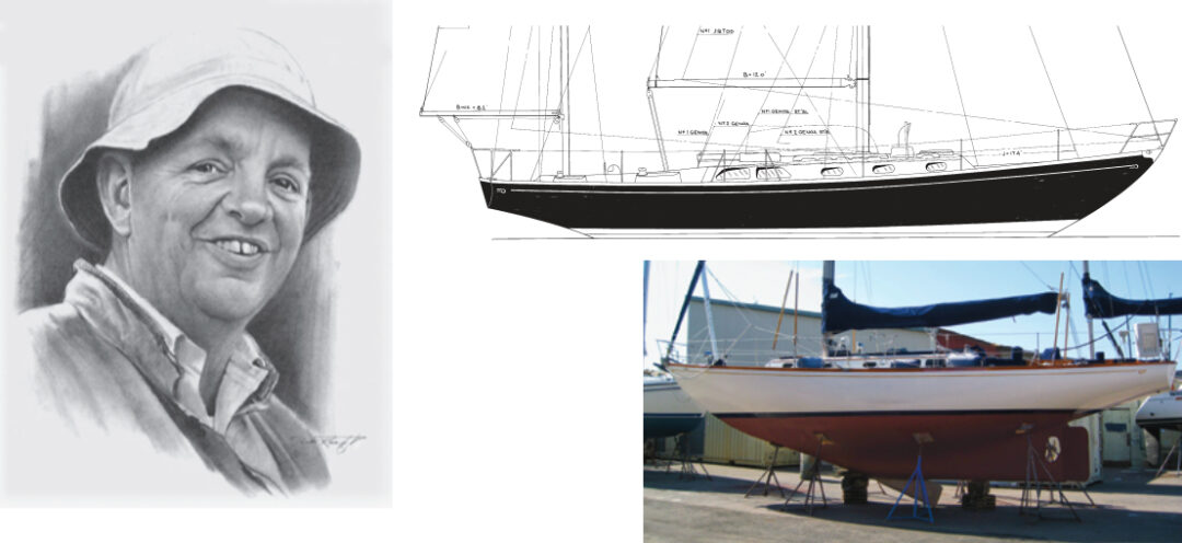 William H. Tripp Jr., on facing page, put his indelible stamp on yacht design with boats like the Bermuda 40, which carries his hallmark spoon bow and sweeping sheer, at top, and vertical barn-door rudder, at right.