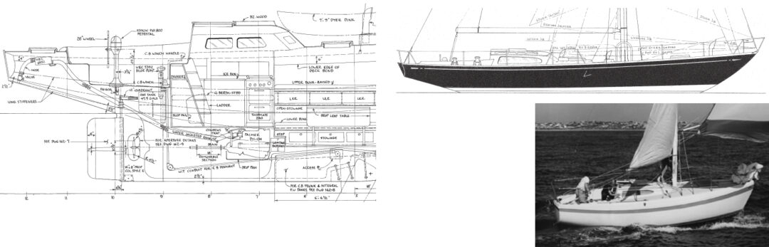 Bill Tripp’s fine draftsmanship is evident in this small sample reproduced from a (very large) drawing he made for the Mercer 44, facing page. His “gun turret” house evolved into the “bubble” cabins on the Columbia 50, at top, and the Columbia 26 Mk II, at right.