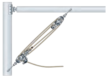 The standard block-and-tackle boom vang gives a mechanical advantage of about 3:1 to 5:1 and incorporates a cam cleat, as in this 4:1 boom vang.