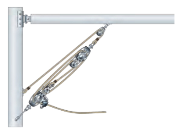 For higher mechanical advantage, one block and tackle is cascaded with another. In this case the 4:1 block and tackle pulls on a 2:1 block and tackle, resulting in an 8:1 mechanical advantage.