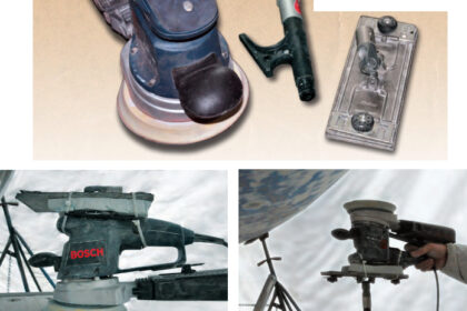 So he wouldn’t have to hold his sander over his head to sand his boat’s bottom, Bert made a prop for it with a sanding head and an extendable boathook, top of page. He carved a block of foam to fit the sander’s rounded head, above, and strapped them together. The boathook bears the weight, at right.