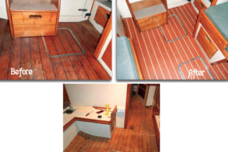 To prepare the sole for its new vinyl coverup, Art stripped the old varnish, faired the surface, and undercut the trim to allow a tidy fit.