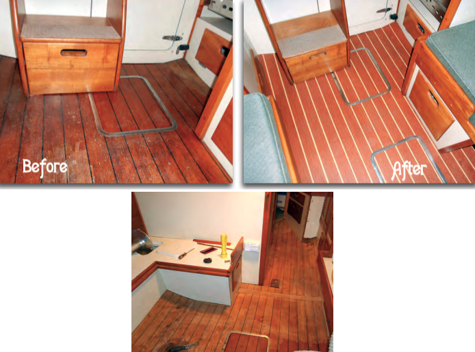 To prepare the sole for its new vinyl coverup, Art stripped the old varnish, faired the surface, and undercut the trim to allow a tidy fit.