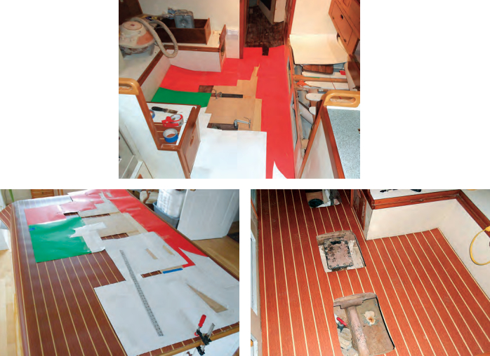 As the Lonseal material came in a large sheet, Art made a one-piece template for the saloon sole, at top, by taping poster board to a backbone of thin plywood. He laid the template on the material, at left, and used tape to transfer the shape and create a line to cut to. Roughed in, at right, the new sole fits nicely.