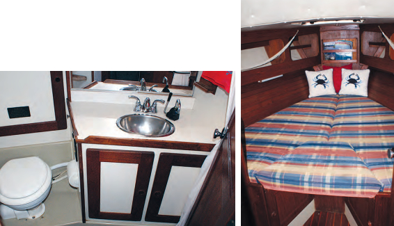The head, at left, is nicely trimmed in teak. It has a sink and shower, and the toilet discharges into a 15-gallon holding tank. The V-berth, at right, measures 6 feet 8 inches long, so there’s foot room in the narrow section forward for all but the tallest crew. Teak ceilings conceal the hull sides.