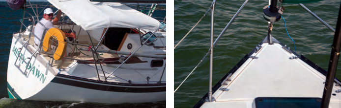 The cockpit of the Caliber 28, at left, feels very secure with its stern rail, high coamings, and bridge deck. The foredeck, at right, is unobstructed, and the hatch to the very large anchor locker takes up most of it.