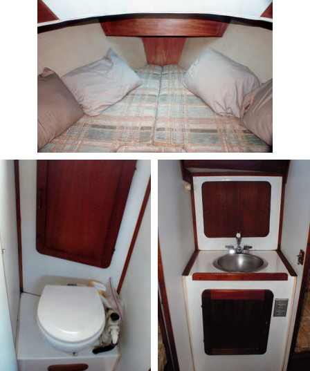 The spacious V-berth, above, is common to both layout alternatives. Light enters through a hatch in the foredeck and an anchor locker is recessed above the foot of the berth. In Misty Dawn’s three-cabin layout, the marine toilet is to port, at left, and the vanity is to starboard, at right. under the cabin sole between them is a shower tray.