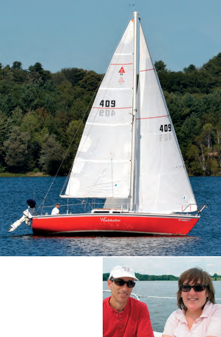 Vermont’s Lake Memphremagog provides a verdant background for Windshadow, a Capri 25. Her owners, Rob and Bonnie Geisler, below, restored her (and her color) from a “largely ignored” condition.