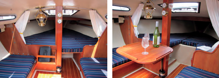 Although the Capri 25 does not have standing headroom, the 9-foot 2-inch beam makes for a spacious saloon, at left. The compression post for the mast provides a sturdy support for a small table in the saloon, at right, and a curtain allows some privacy between the saloon and the V-berth.