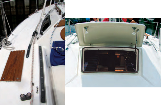 The Capri 25 has at least two headsail tracks, and some versions have three, which is problematical for boats with furling genoas, below left. The forward hatch ventilates the V-berth, at right above, and no doubt saw some traffic in headsails before roller furling was fitted.