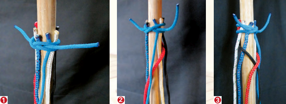 To practice coachwhipping, David attached six lines to a broom handle, (1). Starting with the red line at the left rear, he wove it under and over each line in turn, (2) then did the same with the black line in the opposite direction, (3).