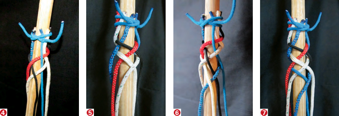 David continued weaving lines in alternate directions: the white line with specks in the same direction as the red line, (4), the white line in the same direction as the black, (5) the blue with specks parallel with the red, (6), and the blue parallel with the black, (7), to complete one cycle.