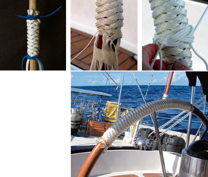 After making a sample six-strand coachwhipping, above left, David chose to go with six triple strands. He whipped the wheel in six sections, below, seizing the ends of each with constrictor knots, above center. He concealed the joints between sections with Turk’s heads, above right.