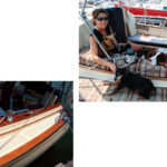 Custom cockpit mats made everybody happy aboard Amelie, above. Kelly Townsend (left) and Nancy Ballard don’t have to worry about scratches in the varnish, and Mattie (left), Sasha (center), and Winston are more comfortable walking (and lying) on the mats than on the hard slick surfaces they protect, at left.