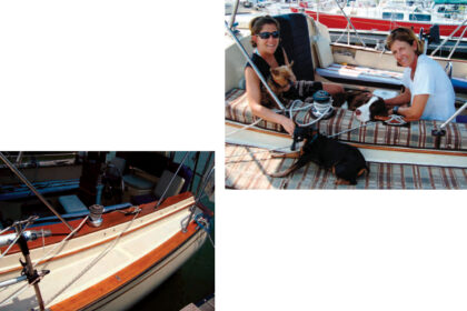 Custom cockpit mats made everybody happy aboard Amelie, above. Kelly Townsend (left) and Nancy Ballard don’t have to worry about scratches in the varnish, and Mattie (left), Sasha (center), and Winston are more comfortable walking (and lying) on the mats than on the hard slick surfaces they protect, at left.