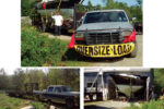 Merrill, the caretaker of the property where Walter found his Nantucket Clipper, bids adieu, top of page. Walter found a truck and trailer, at left, and modified the trailer to carry the boat and its cradle. After 10 years, the Clipper emerged from her barn on the cradle Walter made from parts of the trailer, at right.