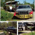 Merrill, the caretaker of the property where Walter found his Nantucket Clipper, bids adieu, top of page. Walter found a truck and trailer, at left, and modified the trailer to carry the boat and its cradle. After 10 years, the Clipper emerged from her barn on the cradle Walter made from parts of the trailer, at right.