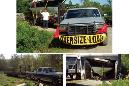 Merrill, the caretaker of the property where Walter found his Nantucket Clipper, bids adieu, top of page. Walter found a truck and trailer, at left, and modified the trailer to carry the boat and its cradle. After 10 years, the Clipper emerged from her barn on the cradle Walter made from parts of the trailer, at right.