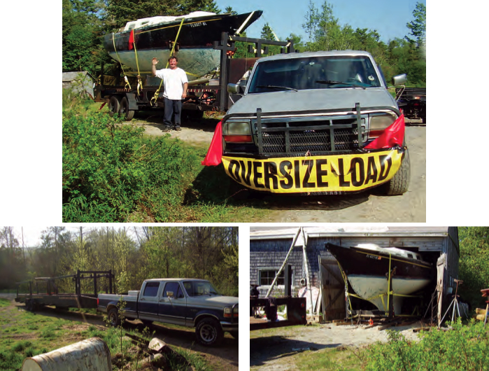 Merrill, the caretaker of the property where Walter found his Nantucket Clipper, bids adieu, top of page. Walter found a truck and trailer, at left, and modified the trailer to carry the boat and its cradle. After 10 years, the Clipper emerged from her barn on the cradle Walter made from parts of the trailer, at right.