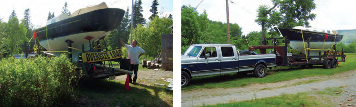The boat is at last out of the barn and secured on the trailer, and Walter takes a final look at the rig to make sure it’s ready for the road, at left. Five days of driving, 2,000 miles, and 11 states later, truck, trailer, and Nantucket Clipper are at last in Walter’s driveway in Arkansas, at right.