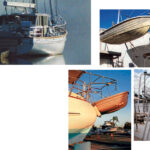 The bigger the boat, the less fussy the engineering involved in davit design and fabrication. The davits on this Stuart 47, facing page, have an abrupt angle and use large-diameter stainless-steel tube braced fore and aft. The great aft beam and buoyancy of Soleares, Alan’s Chesapeake Bay Skipjack, at right, allows simple engineering to be used to lift big tenders, but the simple design of this type of davit may be adapted to smaller craft and narrower transoms. Note the lateral-plane angle bracing in each corner. Double-ended hulls do not lend themselves to davits, but this Fisher’s apple stern, below, has enough buoyancy to do the job, thanks to her very full aft sections. Davits of excessive height keep their tender clear of breaking seas but need to be very well braced on the vertical and horizontal planes. With a heavy tender, these davits would almost certainly suffer from reverse-pendulum motion.