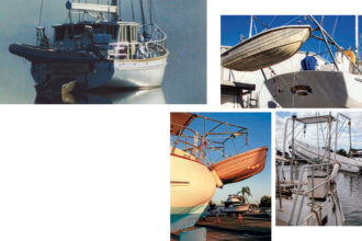 The bigger the boat, the less fussy the engineering involved in davit design and fabrication. The davits on this Stuart 47, facing page, have an abrupt angle and use large-diameter stainless-steel tube braced fore and aft. The great aft beam and buoyancy of Soleares, Alan’s Chesapeake Bay Skipjack, at right, allows simple engineering to be used to lift big tenders, but the simple design of this type of davit may be adapted to smaller craft and narrower transoms. Note the lateral-plane angle bracing in each corner. Double-ended hulls do not lend themselves to davits, but this Fisher’s apple stern, below, has enough buoyancy to do the job, thanks to her very full aft sections. Davits of excessive height keep their tender clear of breaking seas but need to be very well braced on the vertical and horizontal planes. With a heavy tender, these davits would almost certainly suffer from reverse-pendulum motion.