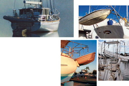 The bigger the boat, the less fussy the engineering involved in davit design and fabrication. The davits on this Stuart 47, facing page, have an abrupt angle and use large-diameter stainless-steel tube braced fore and aft. The great aft beam and buoyancy of Soleares, Alan’s Chesapeake Bay Skipjack, at right, allows simple engineering to be used to lift big tenders, but the simple design of this type of davit may be adapted to smaller craft and narrower transoms. Note the lateral-plane angle bracing in each corner. Double-ended hulls do not lend themselves to davits, but this Fisher’s apple stern, below, has enough buoyancy to do the job, thanks to her very full aft sections. Davits of excessive height keep their tender clear of breaking seas but need to be very well braced on the vertical and horizontal planes. With a heavy tender, these davits would almost certainly suffer from reverse-pendulum motion.