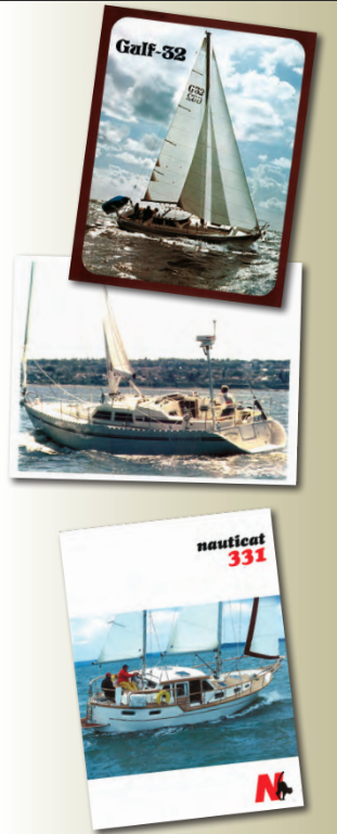 Designers approached the pilothouse concept in different ways, as these brochure photos show. The compact Gulf 32 was designed by Bill Garden in 1965. The Nauticat 331, introduced in 1997, has more of a motorsailer look. The Scepter 41, from 1982, benefits from its length to achieve a relatively low profile and a near-flush foredeck.