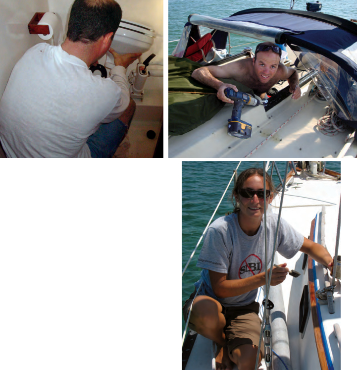 Boat projects often seem to require working in small spaces, sometimes amid unsavory odors, above, while others demand deft handling of tools that might be out of sight, top of facing page. On the plus side, some jobs bring us out into the fresh air, bottom of facing page, which is why we go sailing.