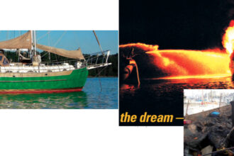 Dolphins in happier days, on facing page. The firefighting boat arrived late on the scene, above, and by then Dolphins was beyond saving, at left.