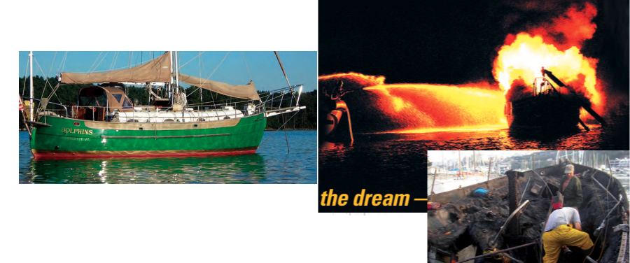 Dolphins in happier days, on facing page. The firefighting boat arrived late on the scene, above, and by then Dolphins was beyond saving, at left.