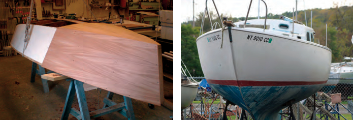 Finger Lakes restorations are not limited to fiberglass boats. A wooden Rhodes Penguin, at left, gets the treatment worthy of a veteran of a 60-year-old class. another veteran awaiting her turn is John’s personal boat, Joy, at right. She is Pearson Triton hull #1.