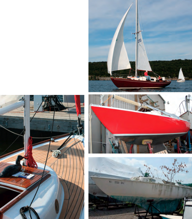A rejuvenated Pearson Vanguard takes to the lake, above. The Yngling, below, is an example of a former women’s olympic class. a Pearson ensign’s days as a tree nursery will soon be over, at bottom of page. The Haneys take examples of their work, at left below, to the Annapolis sailboat show, where they quickly sell.