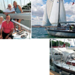 Christine and François Ferbos, seated on facing page, connected Rob and Gabi Hoffman with their French-built aluminum CanCan, shown at left running under her twin Solent-rig headsails. CanCan is big for trailering and required some modifications to allow the Hoffmans to safely raise and lower the mast. A custom-built bridge connects new inline shrouds to the original pair of chainplates, below.