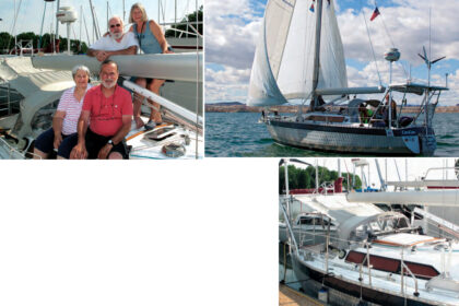 Christine and François Ferbos, seated on facing page, connected Rob and Gabi Hoffman with their French-built aluminum CanCan, shown at left running under her twin Solent-rig headsails. CanCan is big for trailering and required some modifications to allow the Hoffmans to safely raise and lower the mast. A custom-built bridge connects new inline shrouds to the original pair of chainplates, below.