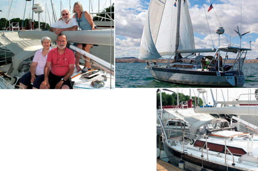 Christine and François Ferbos, seated on facing page, connected Rob and Gabi Hoffman with their French-built aluminum CanCan, shown at left running under her twin Solent-rig headsails. CanCan is big for trailering and required some modifications to allow the Hoffmans to safely raise and lower the mast. A custom-built bridge connects new inline shrouds to the original pair of chainplates, below.