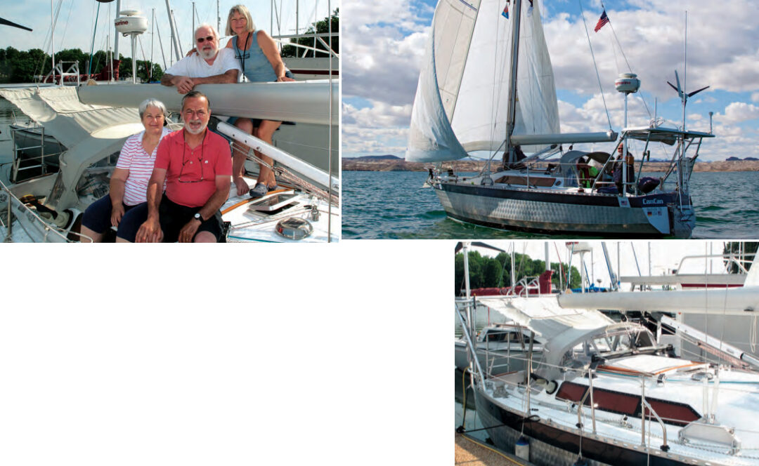 Christine and François Ferbos, seated on facing page, connected Rob and Gabi Hoffman with their French-built aluminum CanCan, shown at left running under her twin Solent-rig headsails. CanCan is big for trailering and required some modifications to allow the Hoffmans to safely raise and lower the mast. A custom-built bridge connects new inline shrouds to the original pair of chainplates, below.