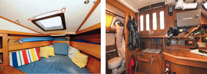 CanCan has a large interior for a 28-foot boat. The sleeping cabin is forward, at left, and the aft end of the main cabin, at right, is devoted to the head, to starboard, and the nav station, to port. The wrapped duct in the head is part of Rob’s “air-to-air” air conditioning system.