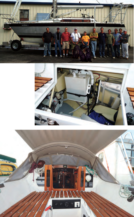 The team at JSI in St. Petersburg, at top, converted CanCan’s rig and installed the stern arch. Rob added many more improvements, including the holding tank, at right, custom-made bi-fold doors for the companionway, and a canvas shelter for the cockpit, below.