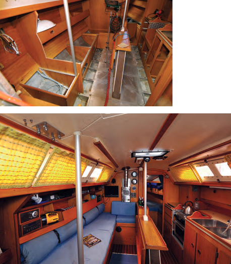 Rob opened up CanCan’s interior to run new electrical wiring and plumbing, at left. He added amenities including a cabin heater and new stove, below, and fitted fridge/freezers into the cabinets. Note the trunk for the swing keel that allows the boat to be beached.