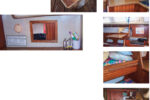 The trash door on the Allports’ Albin Ballad is handy to the galley and its mini sink, at left. Clockwise from top left on the facing page are Tony’s permafrost mold, the galley countertop in place, then suspended above the starboard settee next to the stove to provide workspace while the stove is in use, the batten above the starboard berth the countertop rests on, and the trash receptacle in the cockpit locker.