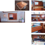 The trash door on the Allports’ Albin Ballad is handy to the galley and its mini sink, at left. Clockwise from top left on the facing page are Tony’s permafrost mold, the galley countertop in place, then suspended above the starboard settee next to the stove to provide workspace while the stove is in use, the batten above the starboard berth the countertop rests on, and the trash receptacle in the cockpit locker.